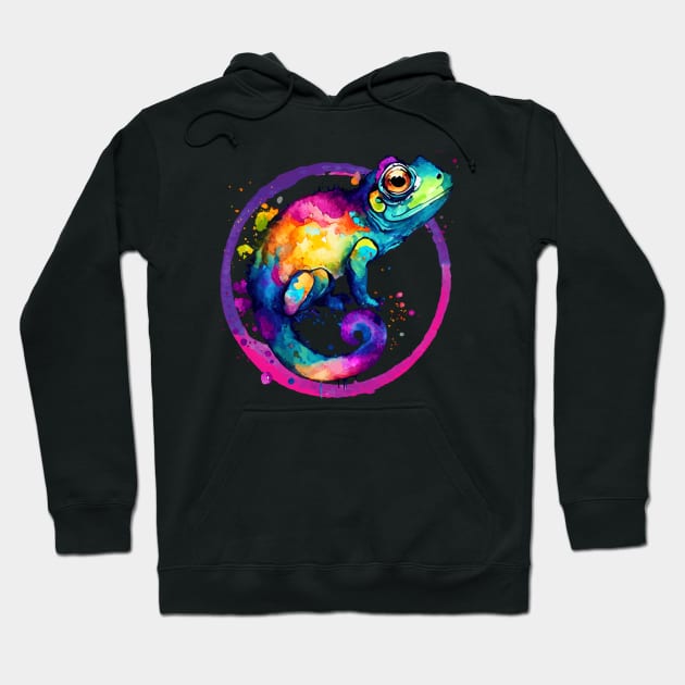 Colorful Chameleon Watercolor Splash Art Print - Pink Hoodie by Hazel the Aesthete